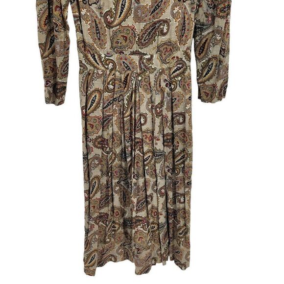 80's Dress Modest Long Sleeve Pleated Maxi Paisley Taupe 10 Geek Secretary - Picture 7 of 14